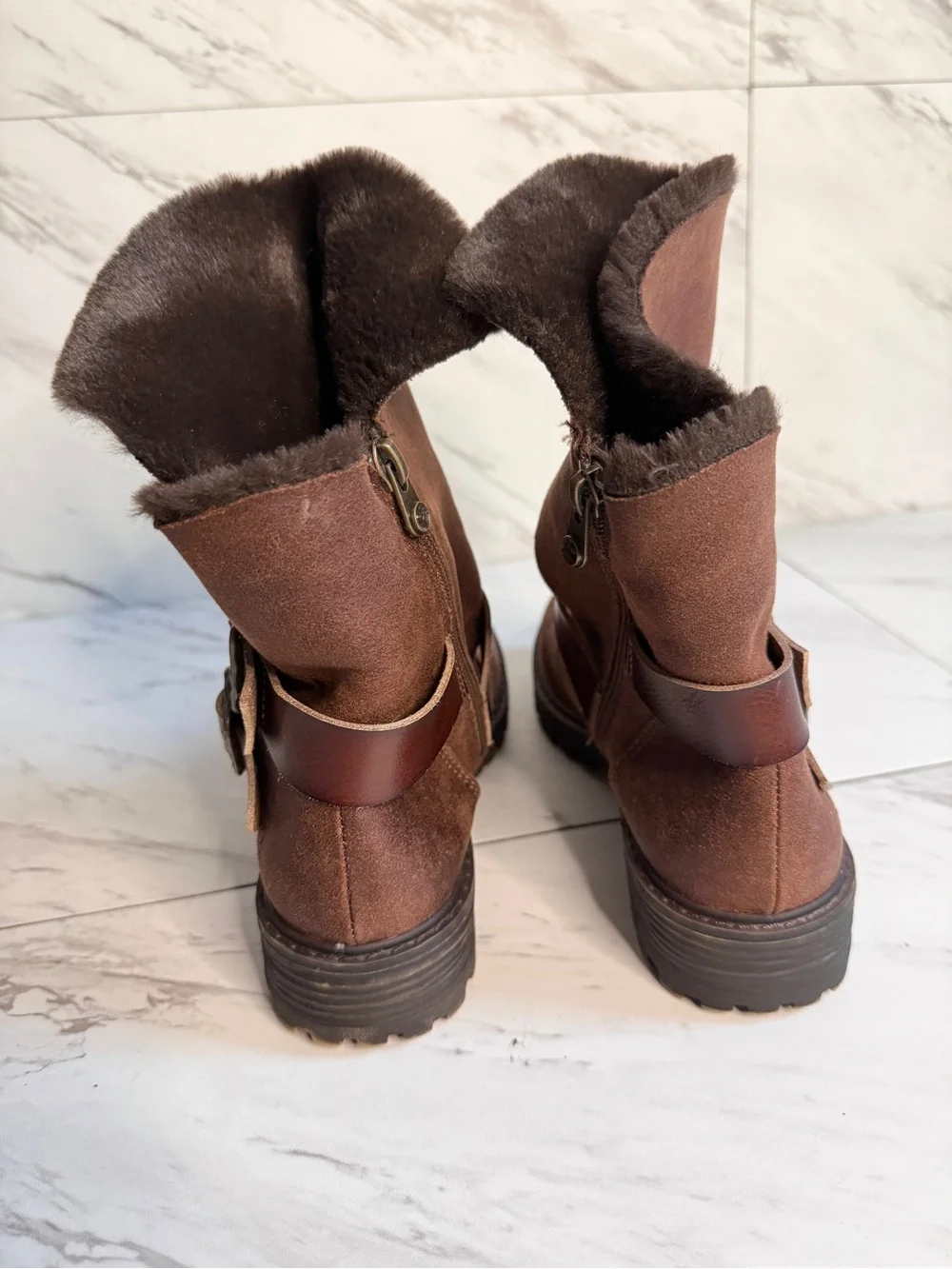 Blowfish Malibu Brown Mid Calf Faux Fur Buckle Boots Womens 7.5 Lug Sole